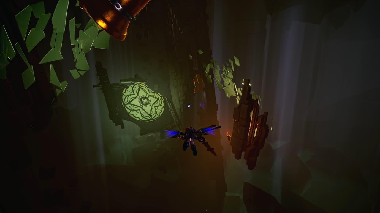 Zirian airborne between suspended structures in Duskfade