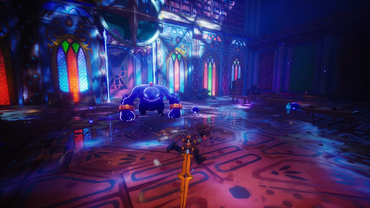 Zirian facing a large blue enemy in a stained-glass arena in Duskfade
