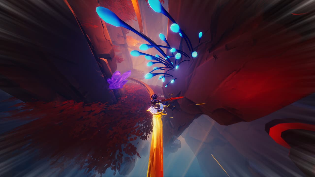 Zirian travelling along a glowing rail beneath blue foliage in Duskfade